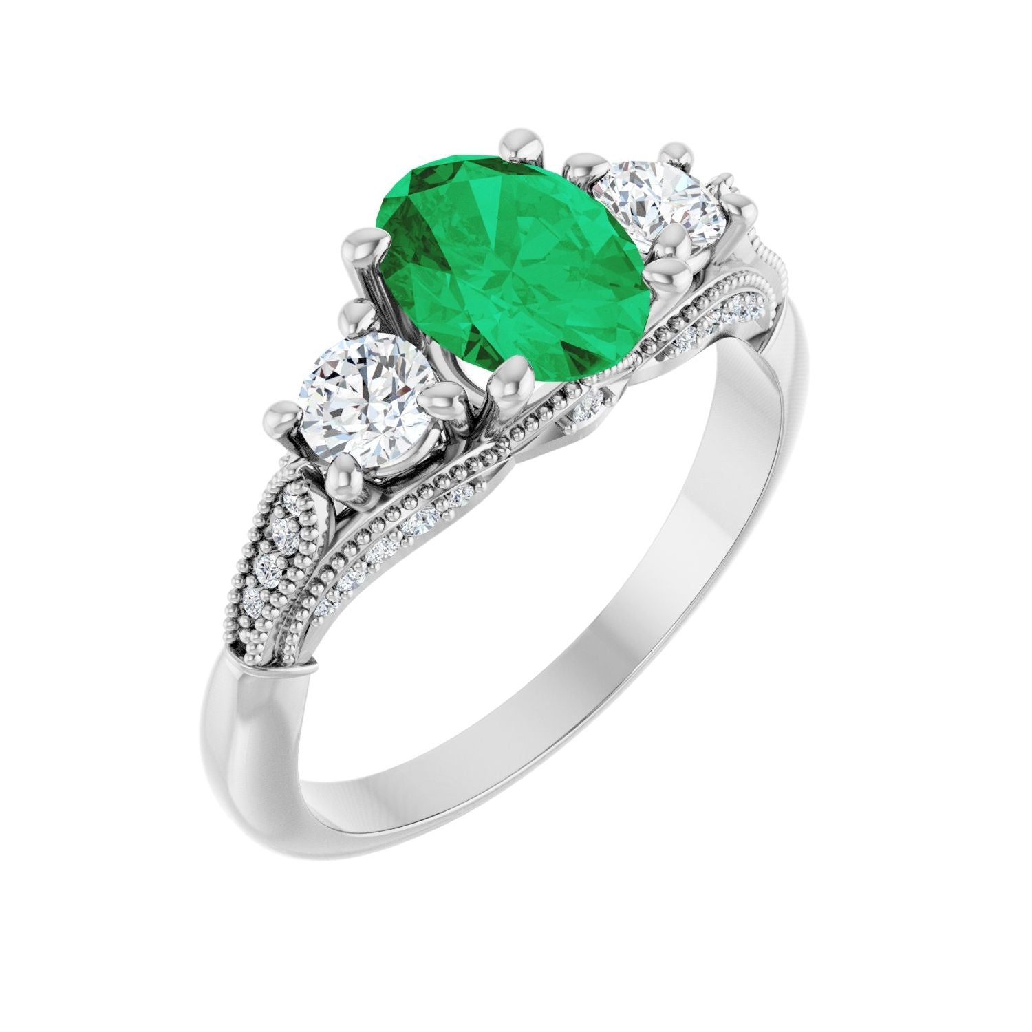 Oval Emerald Three-Stone Classic Engagement Ring in 14K White Gold