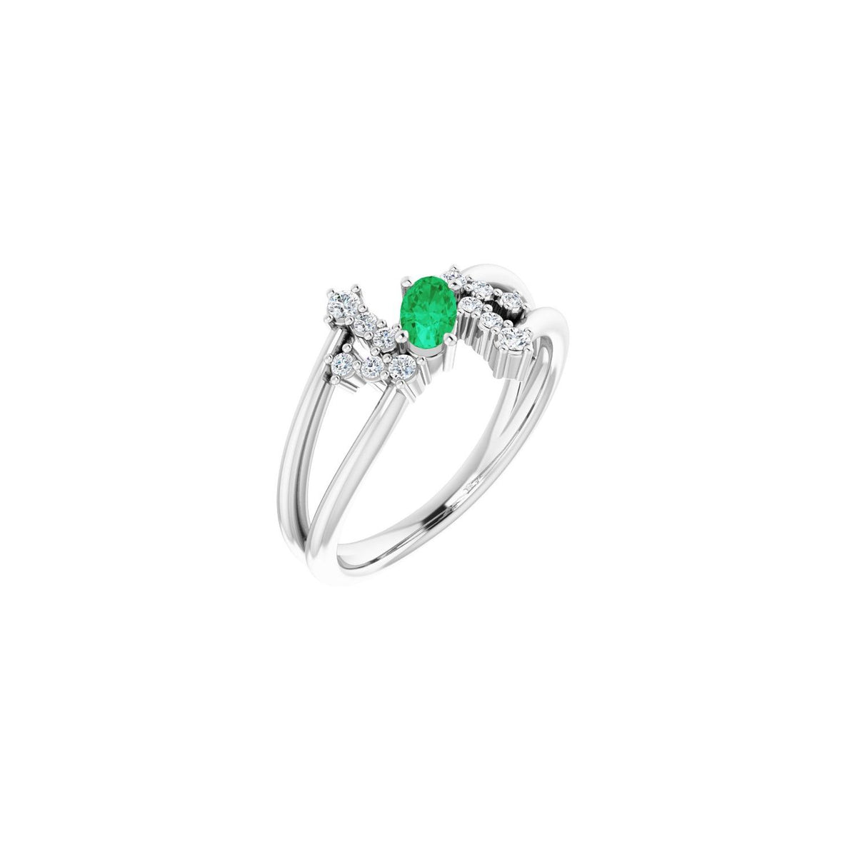 Natural Oval Emerald & Diamond Bypass Ring (1/8 ctw) in 14K White Gold
