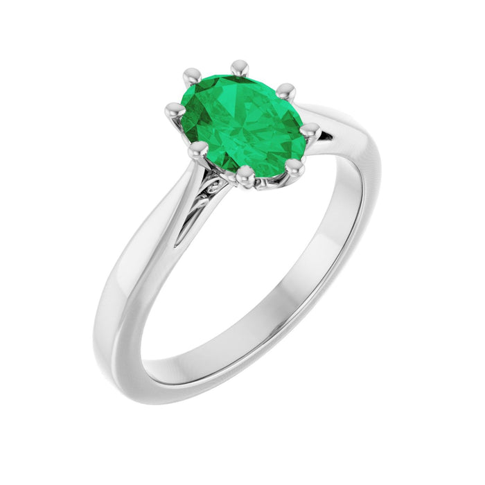 Oval Emerald Solitaire Petite Engagement Ring in 14K White Gold