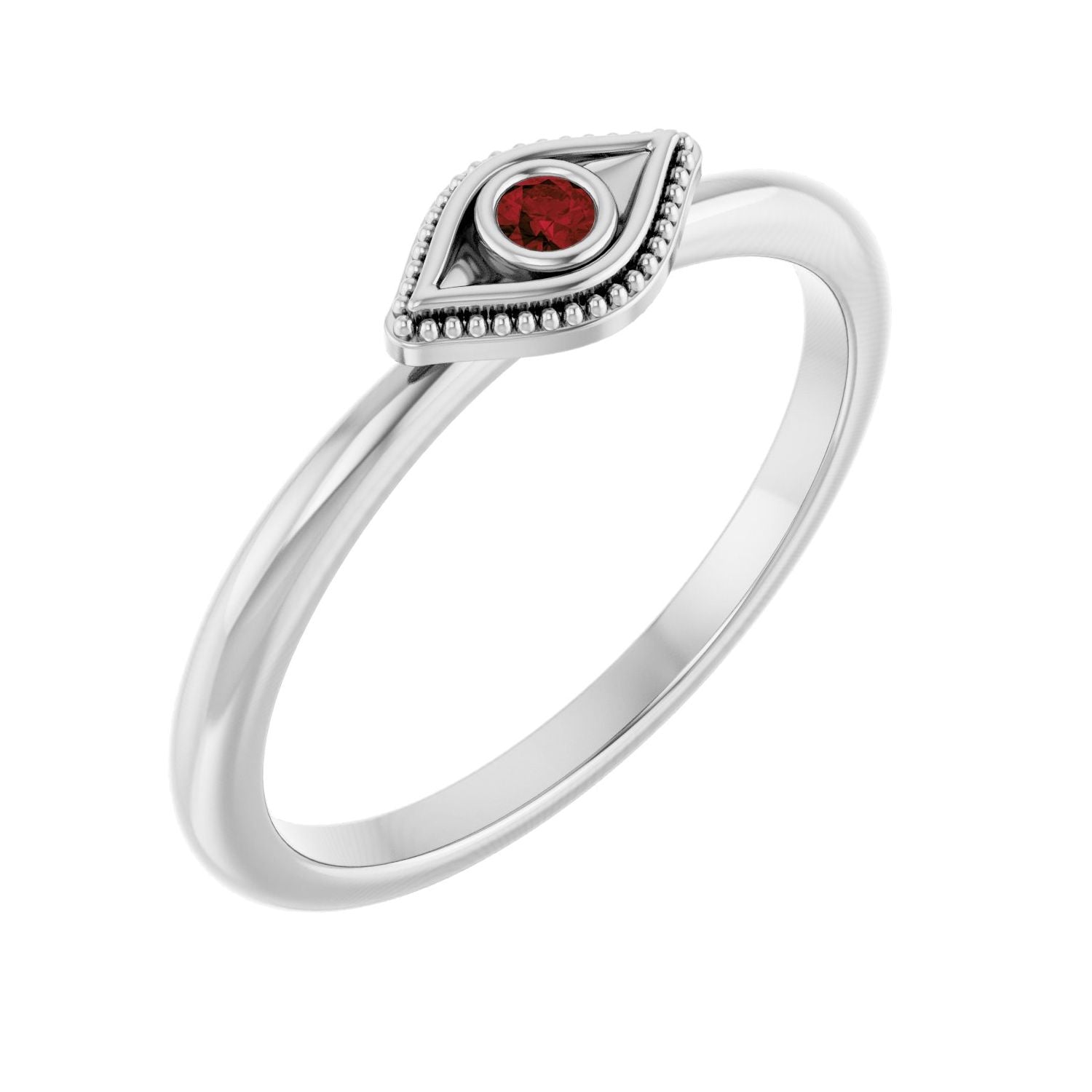 Garnet Evil Eye Stackable Ring in 14K White Gold