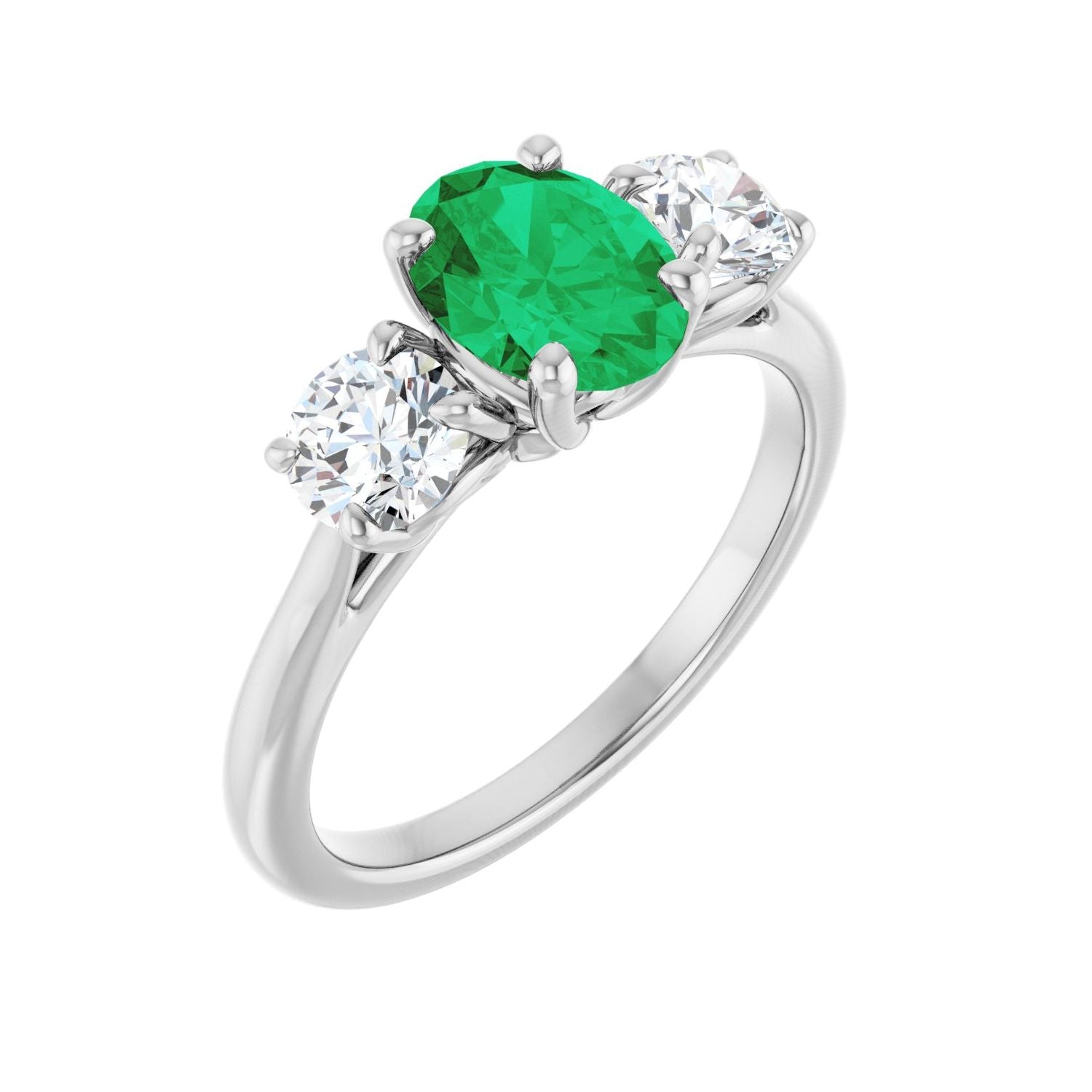 Oval Emerald Three-Stone Signature Engagement Ring in 14K White Gold