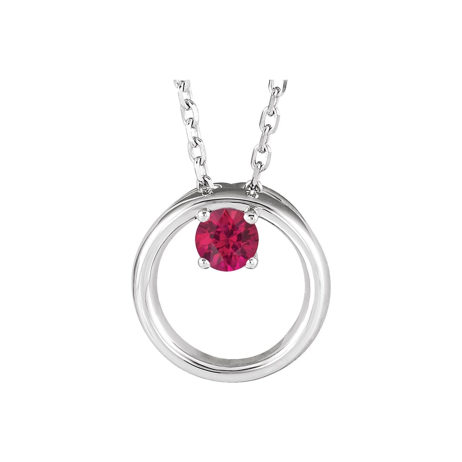 14K White Gold open circle ruby necklace