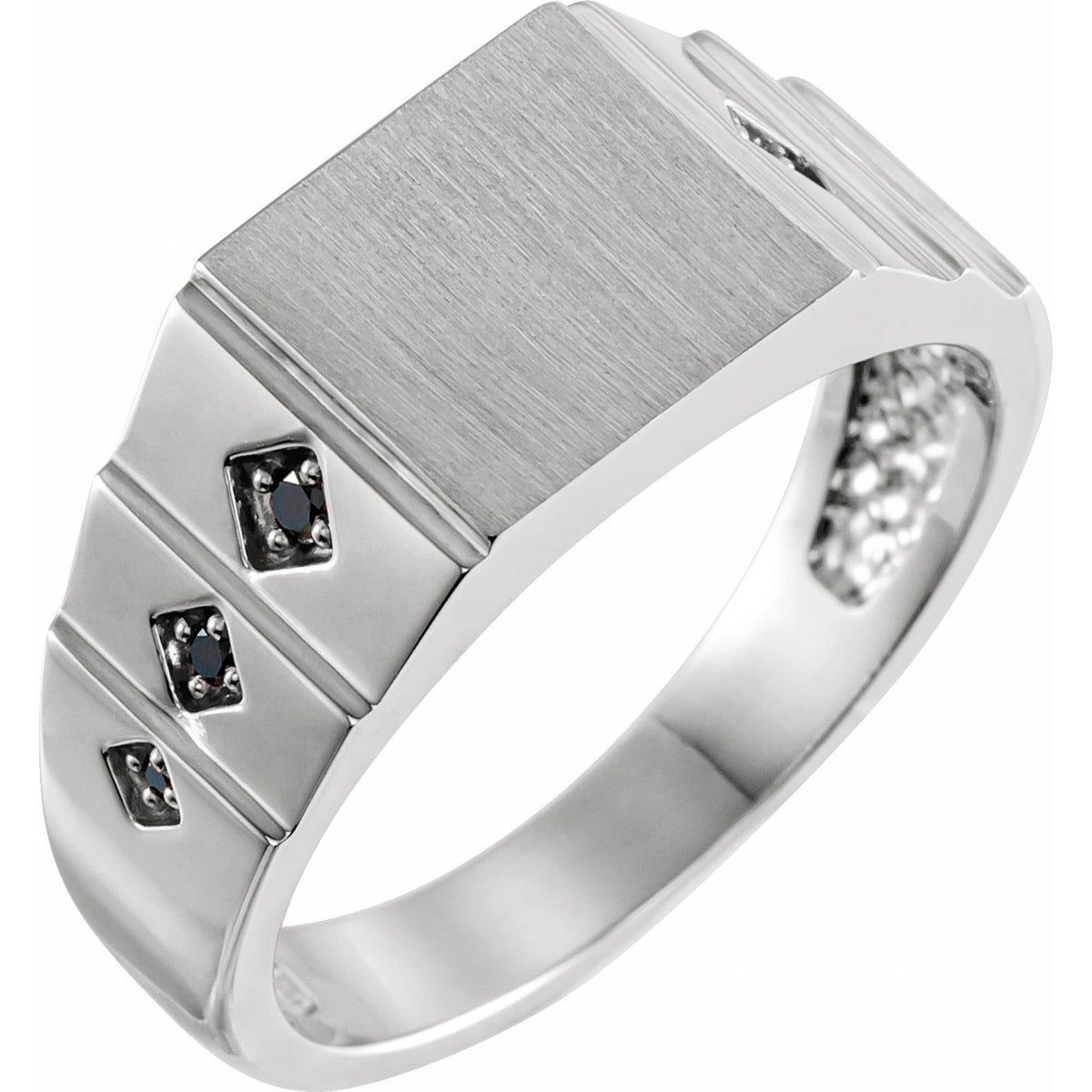 Black Diamond Geometric Signet Ring in 14K White Gold with a natural black diamond - Stuller finished render