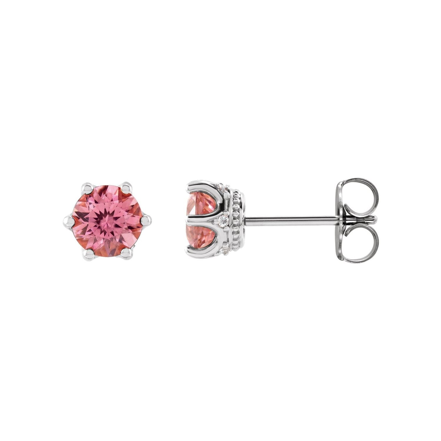 14K White Gold natural pink tourmaline round earrings
