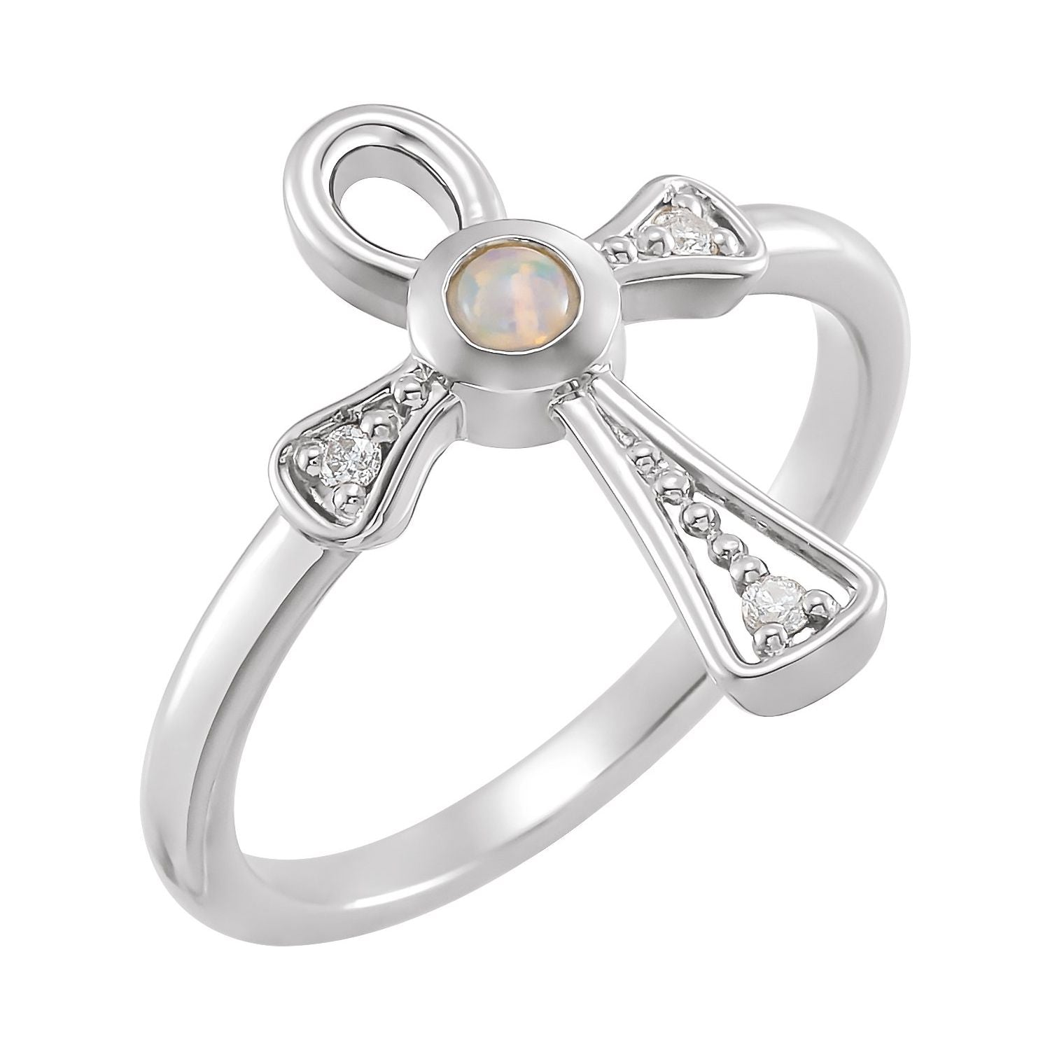 Ethiopian Opal & Diamond Ankh Ring in 14K White Gold - natural opal
