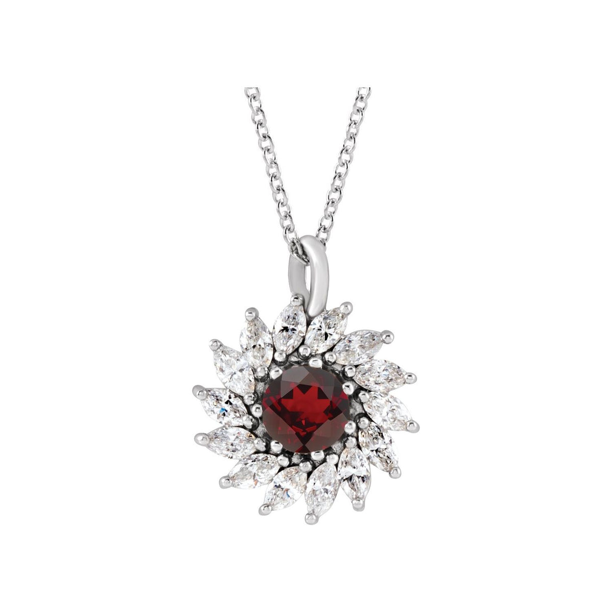Mozambique garnet halo necklace, 14K White Gold