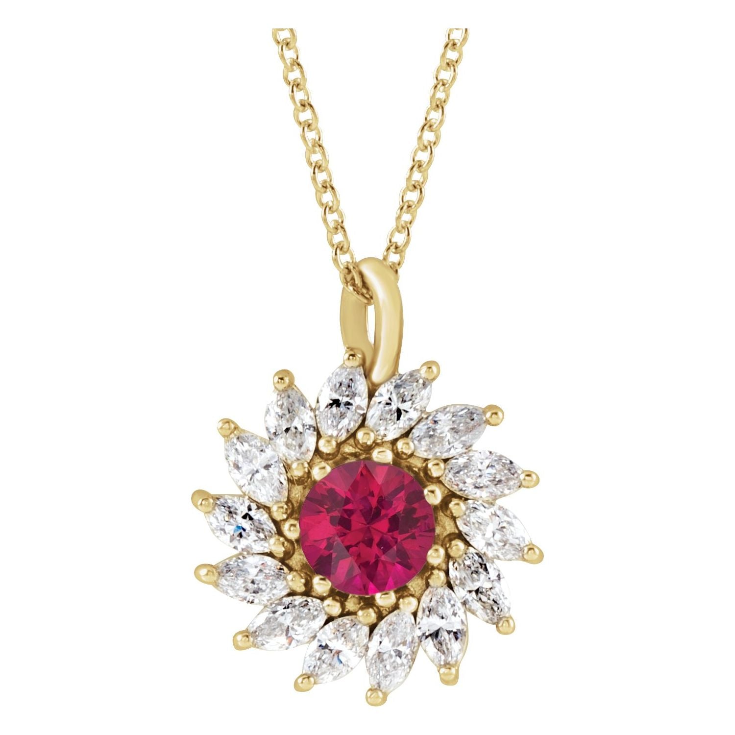 14K Yellow Gold round halo diamond & ruby necklace