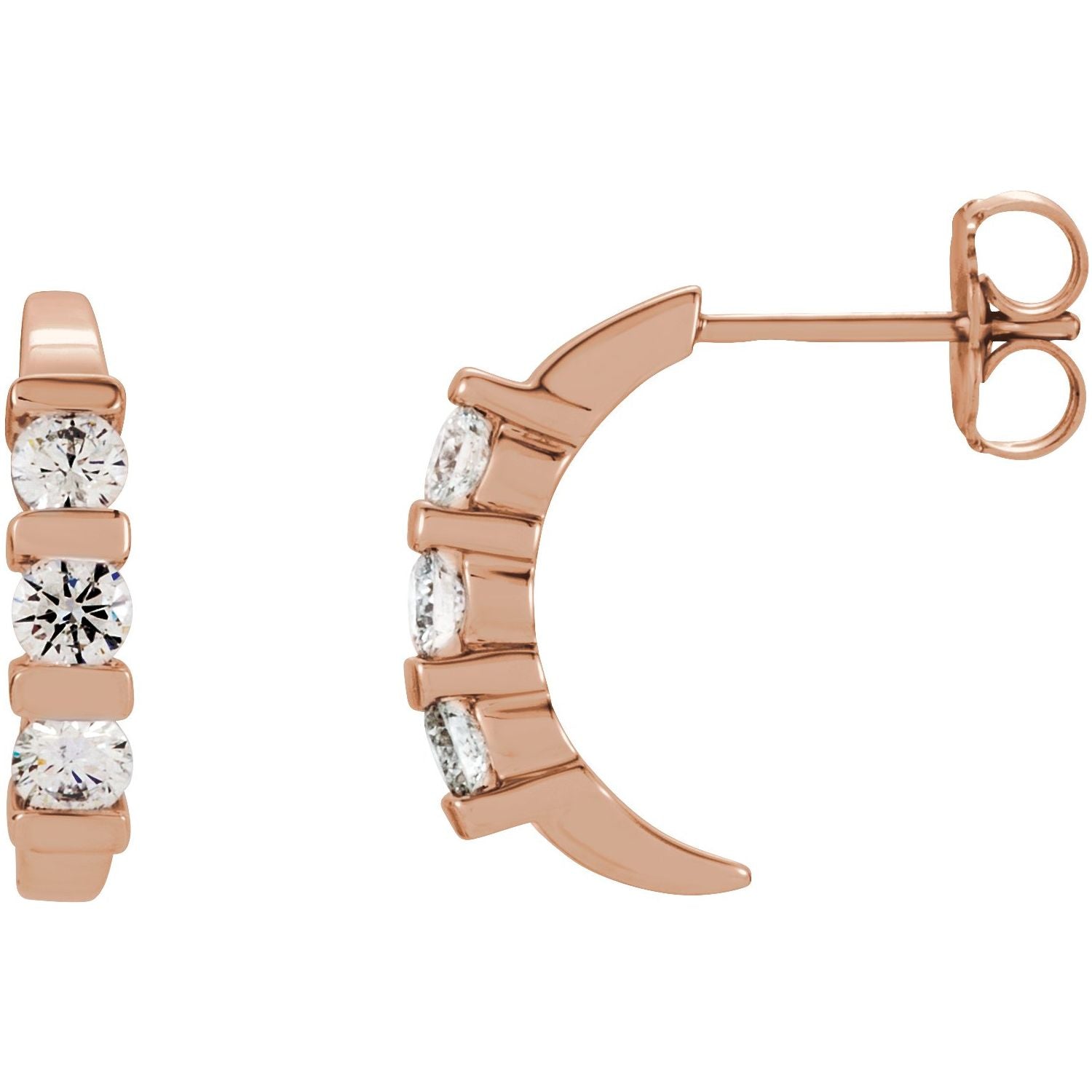 Natural Diamond J-Hoop Earrings (1/2 to 1 1/2 ct) in 14K Rose Gold