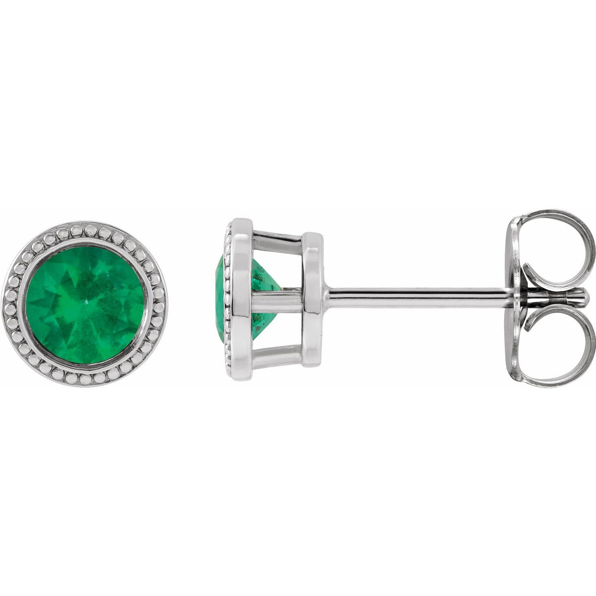 Natural emerald beaded bezel stud earrings in 14K white gold, round green emeralds framed by milgrain beading