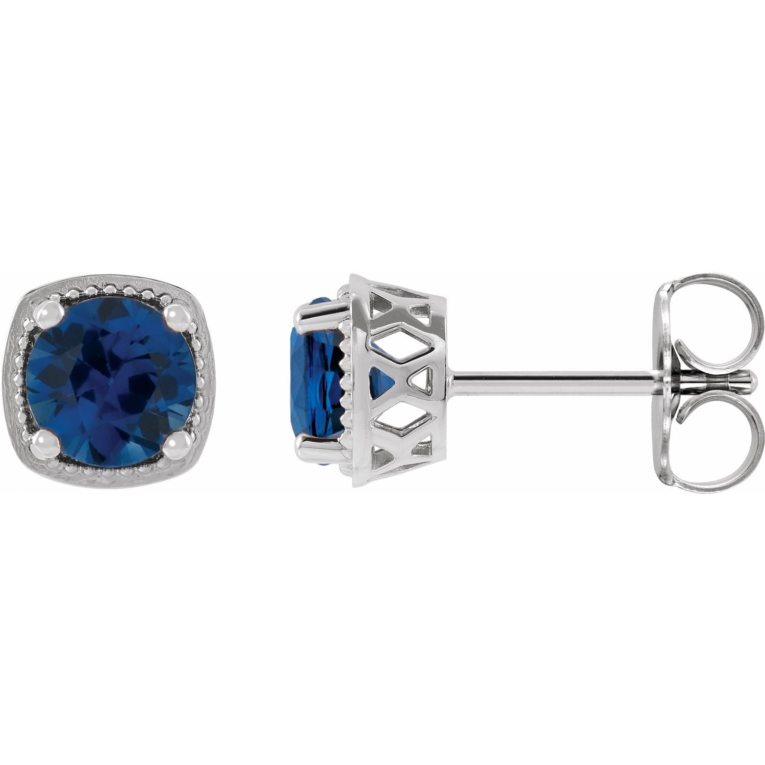 14K White Gold round natural blue sapphire earrings