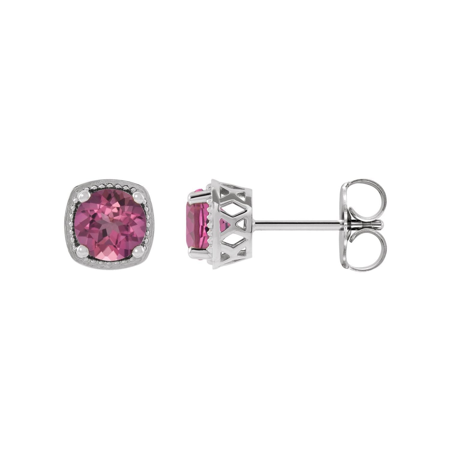 14K White Gold natural pink tourmaline round earrings