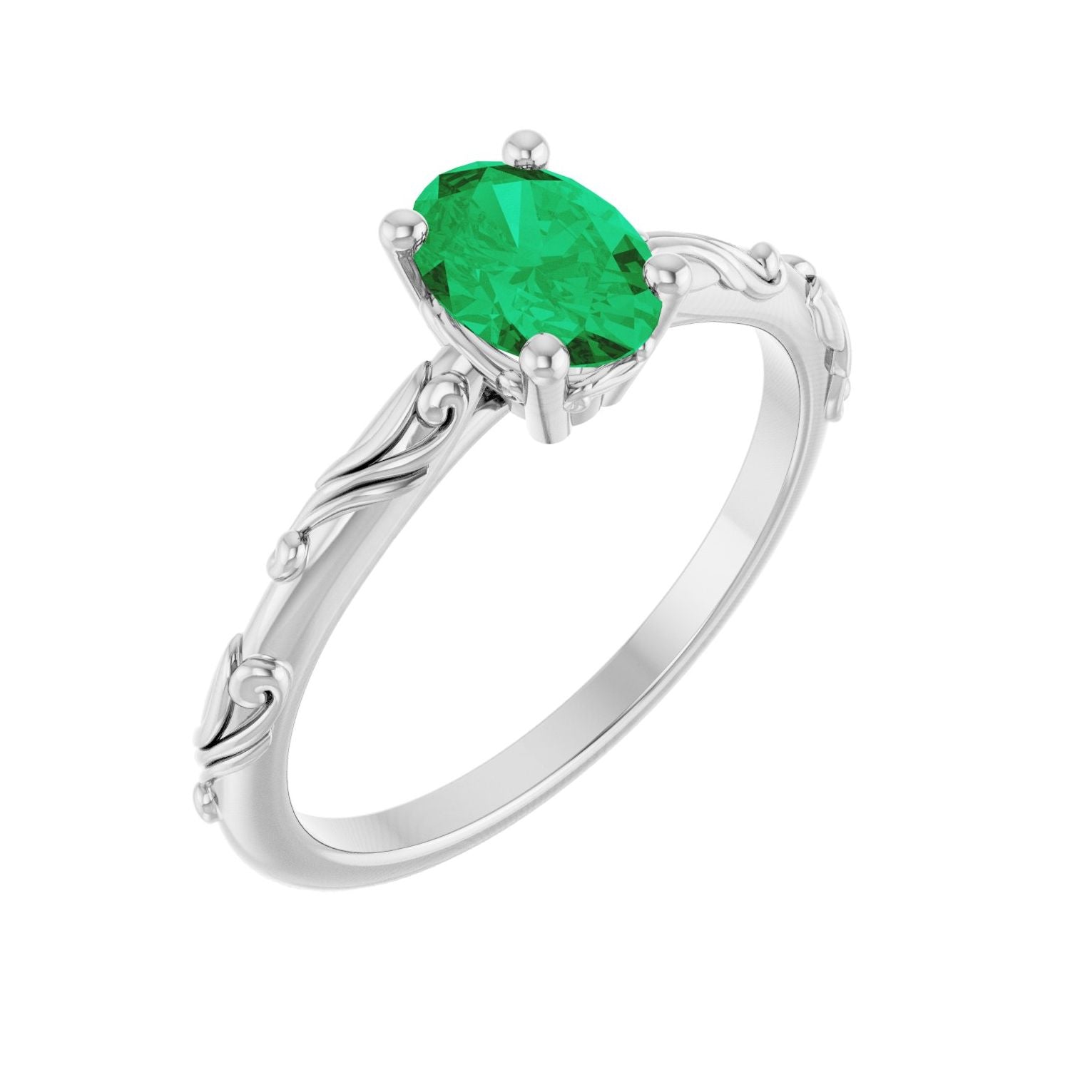 Oval Emerald Scroll Sculptural Solitaire Engagement Ring in 14K White Gold