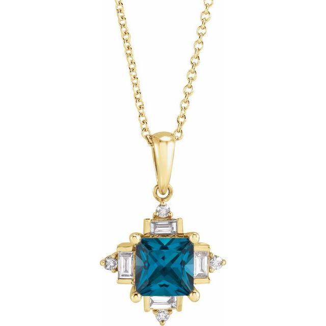 london blue topaz geometric diamond necklace in 14k yellow gold