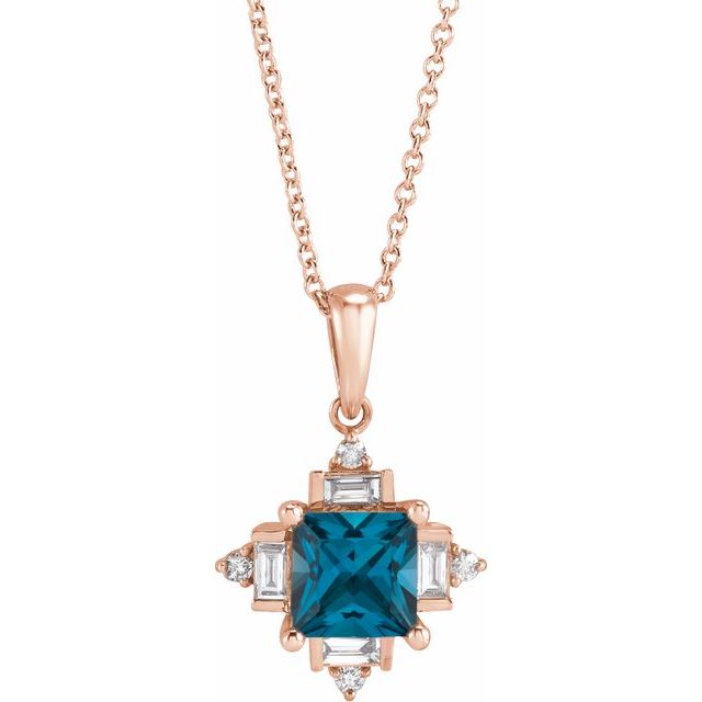 london blue topaz geometric diamond necklace in 14k rose gold
