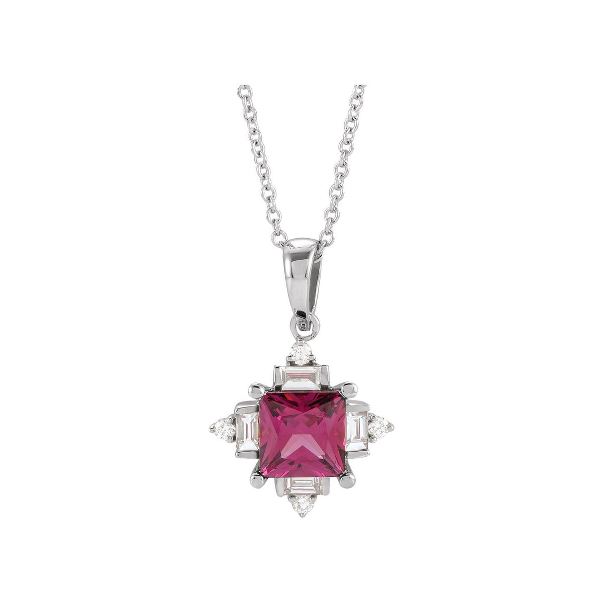 Rhodolite garnet diamond solitaire necklace, 14K White Gold
