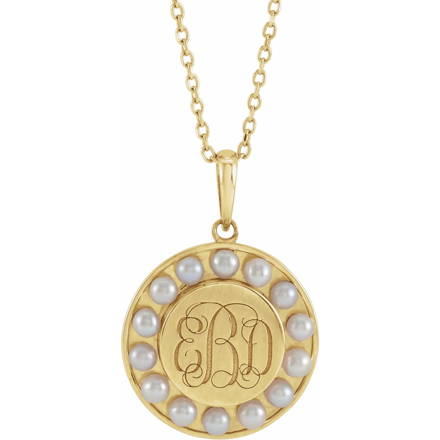 Engravable Seed Pearl Halo Necklace in 14K Yellow Gold