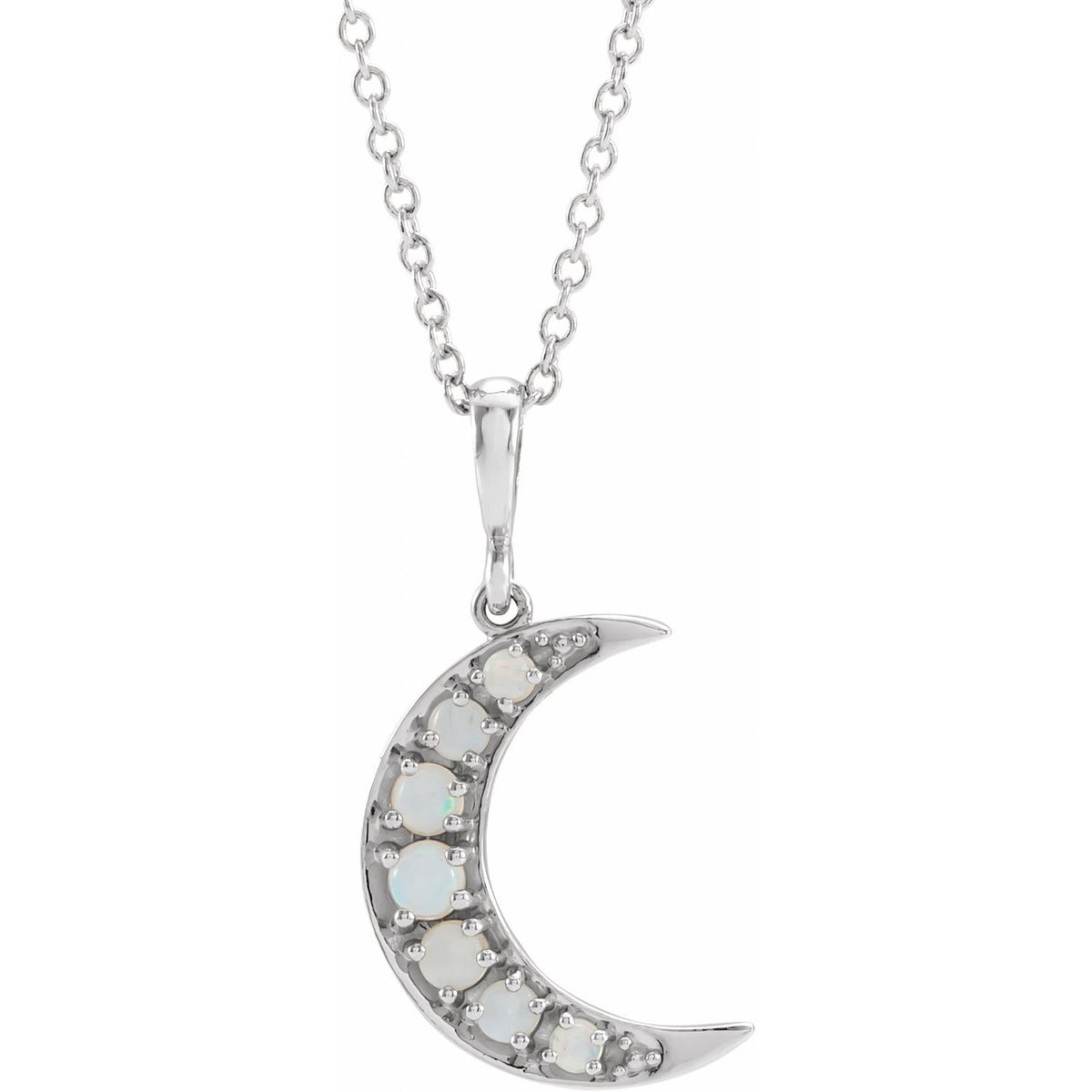 opal cabochon crescent moon pendant, 14K White Gold
