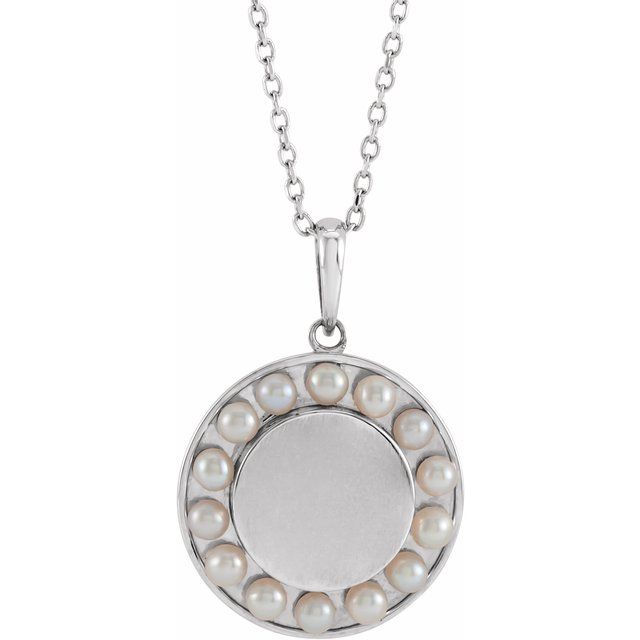 engravable seed pearl halo necklace in 14k white gold