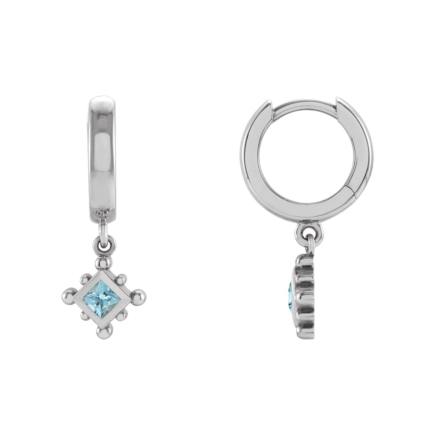 14K White Gold natural aquamarine square beaded bezel hoop drop earrings
