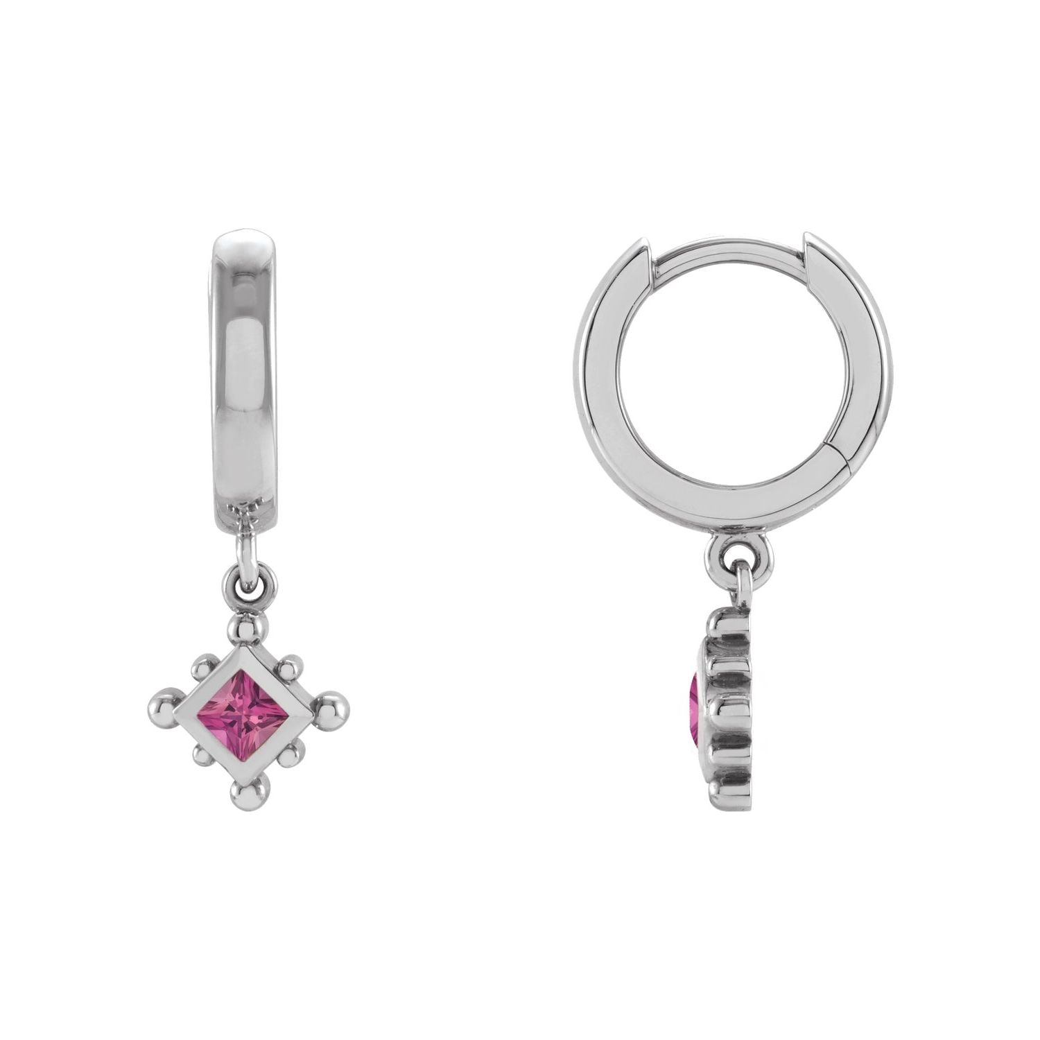 14K White Gold natural pink tourmaline beaded bezel hoop earrings