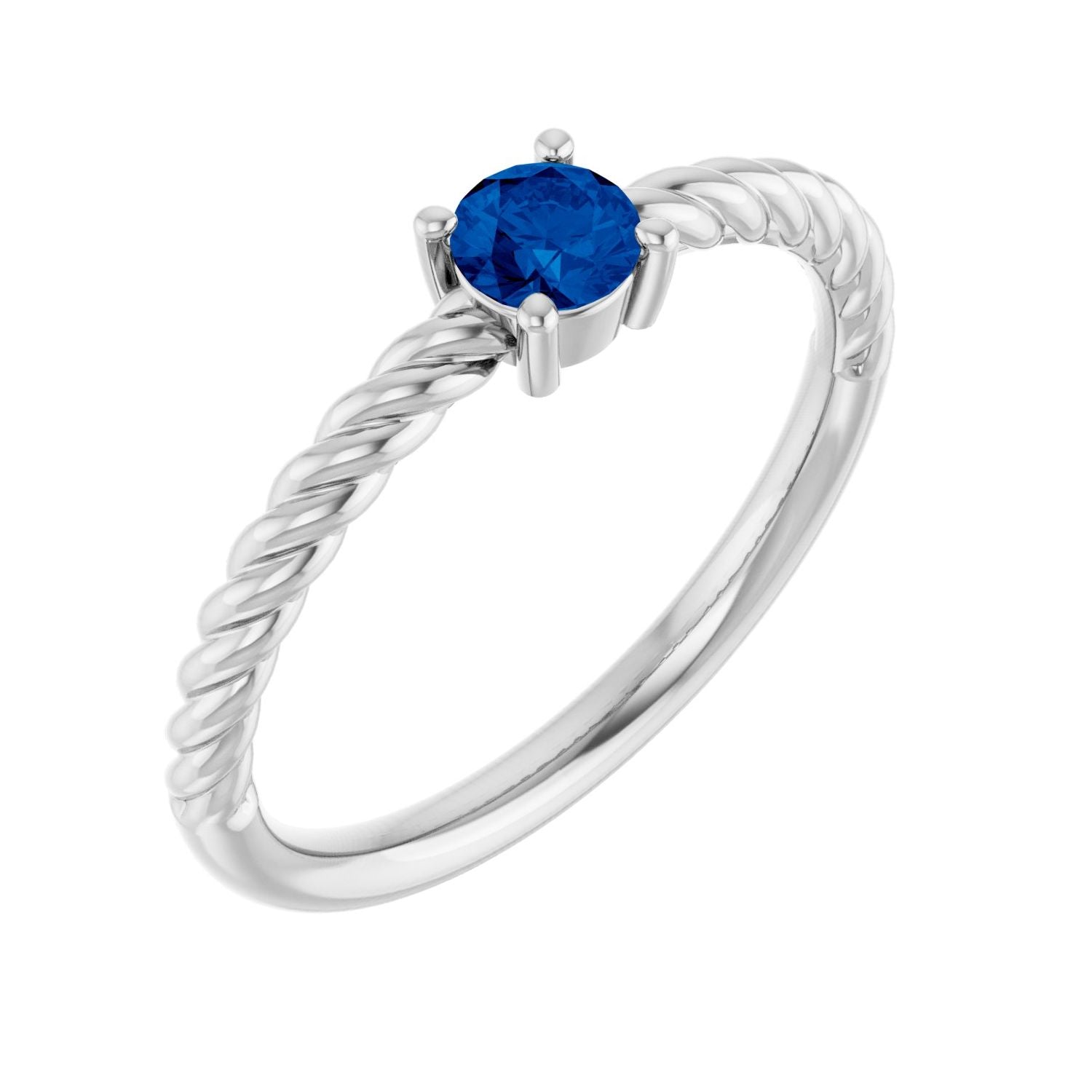 Blue Sapphire Rope Solitaire Ring in 14K White Gold
