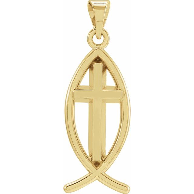 ichthus and cross pendant in 14k yellow gold