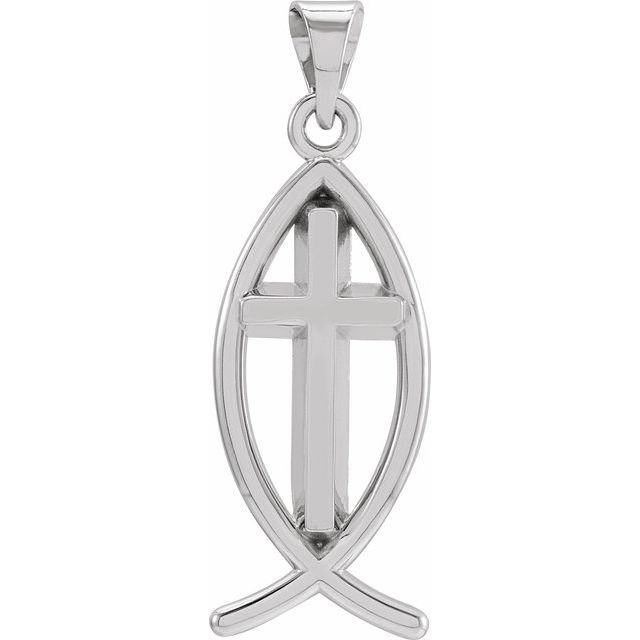 ichthus and cross pendant in 14k white gold