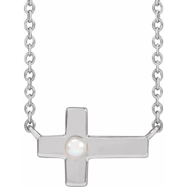seed pearl sideways cross necklace in 14k white gold