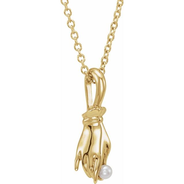 seed pearl buddha hand necklace in 14k yellow gold