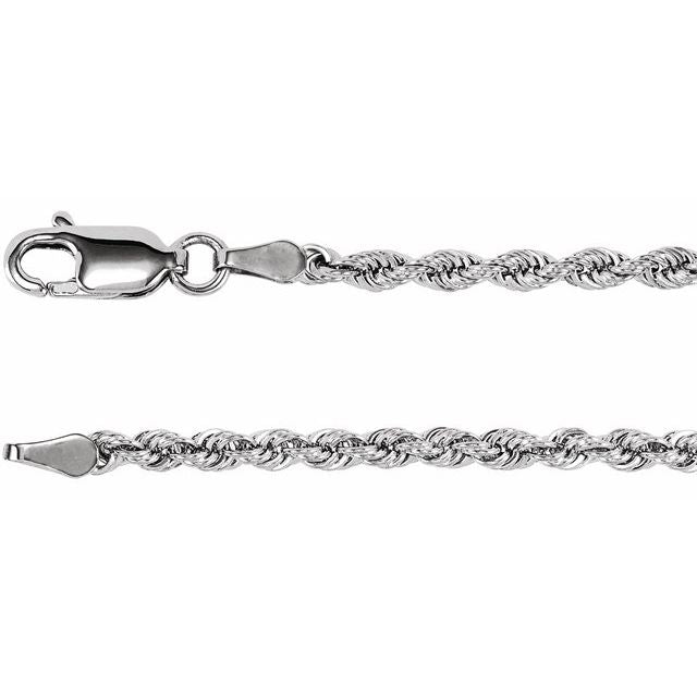 2.5mm rope chain necklace in 14k white gold, 16 inch