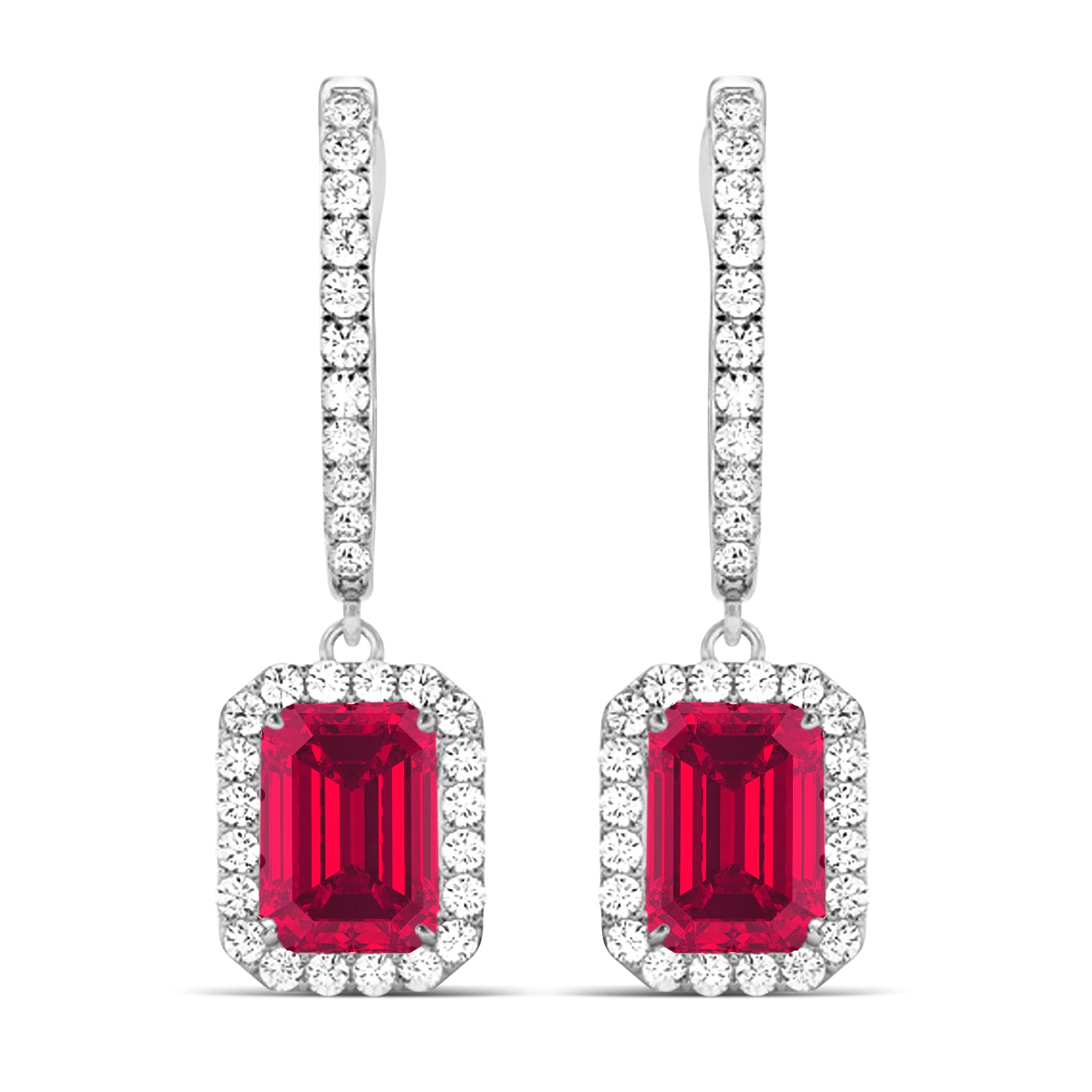 diamond halo and emerald cut ruby earrings in 14k white gold front