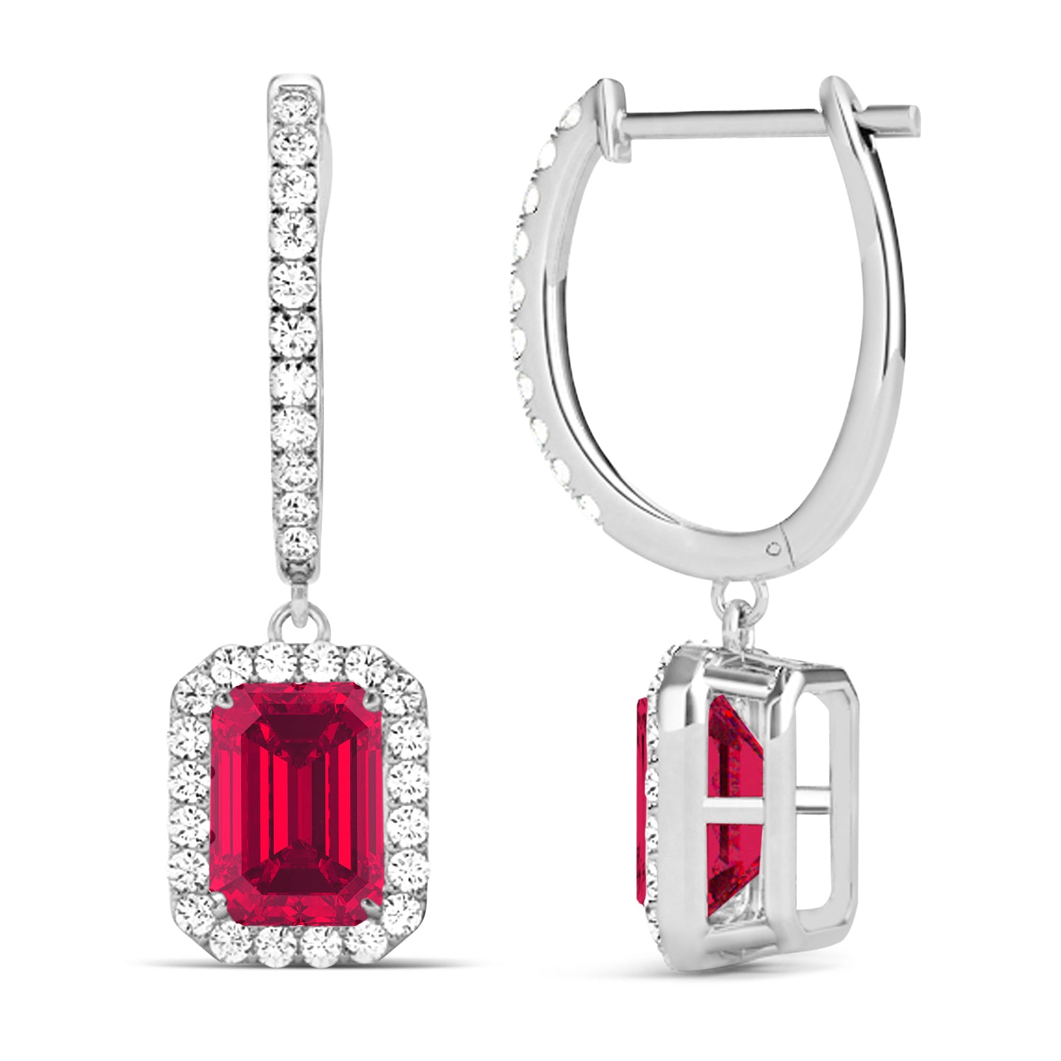 diamond halo and emerald cut ruby earrings in 14k white gold side