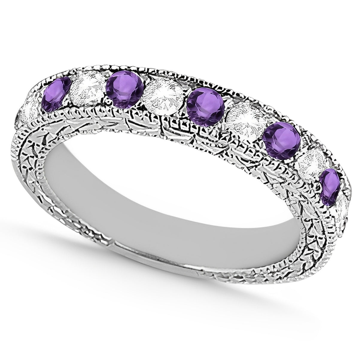 Antique Diamond & Amethyst Wedding Ring in 14k White Gold (1.05ct) Top View