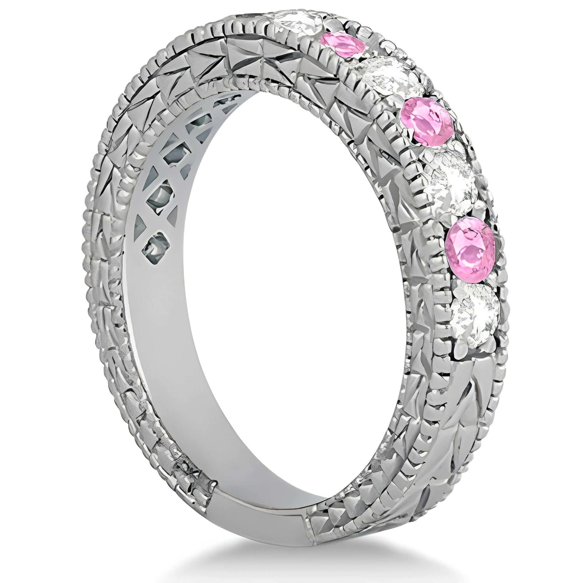 Antique Pink Sapphire & Diamond Wedding Band in 14K White Gold (1.05ct) – Milgrain Semi-Eternity Pavé Ring side view