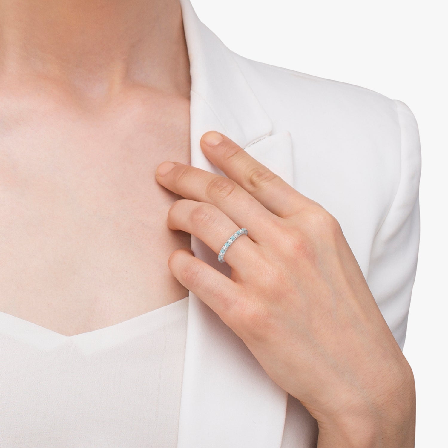 Aquamarine & Diamond Wedding Band Anniversary Ring in 14k White Gold (0.75ct) when worn