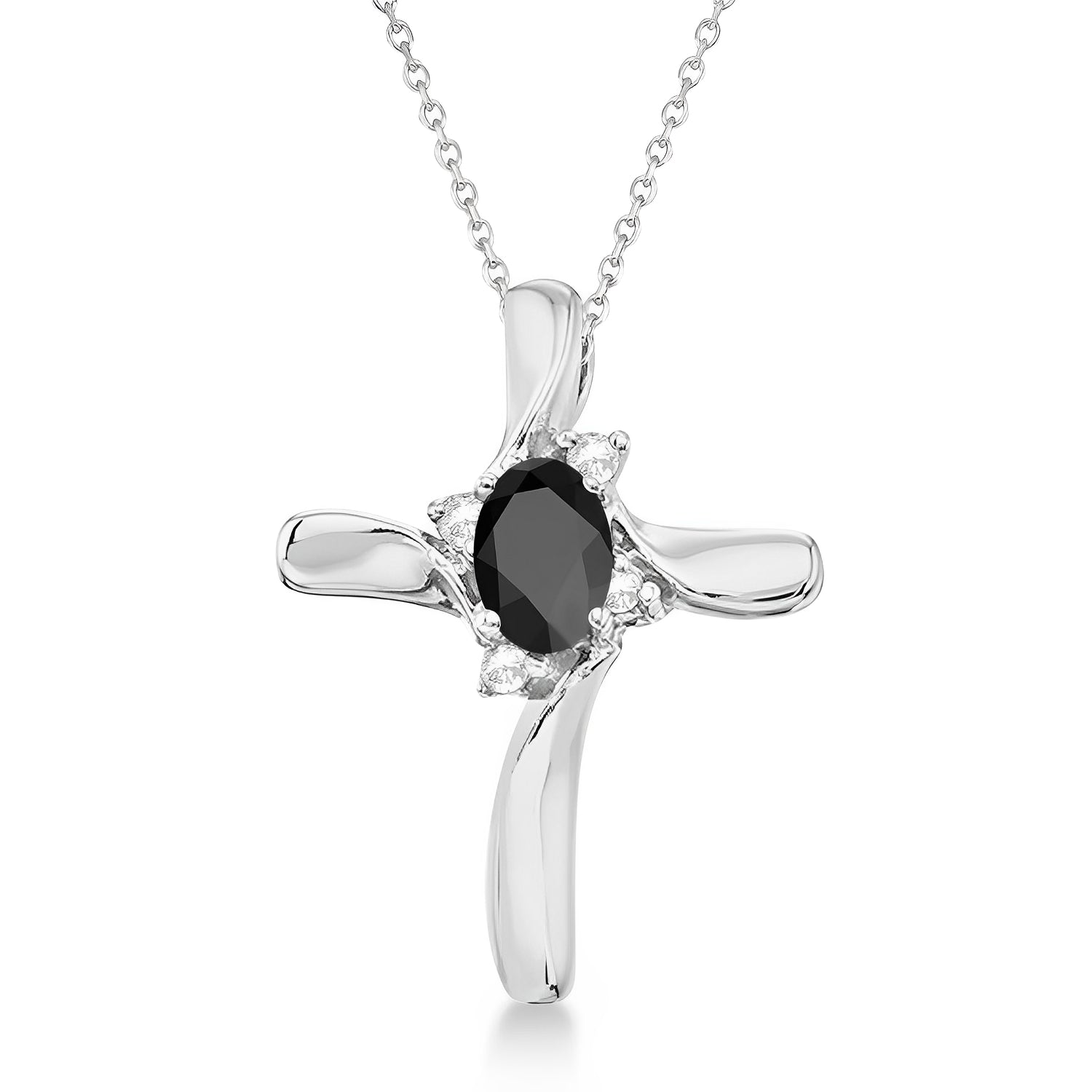 Black Onyx & Diamond Cross Pendant Necklace in 14K White Gold (0.50ct) – Bold Gemstone Religious Jewelry for Women with Chain