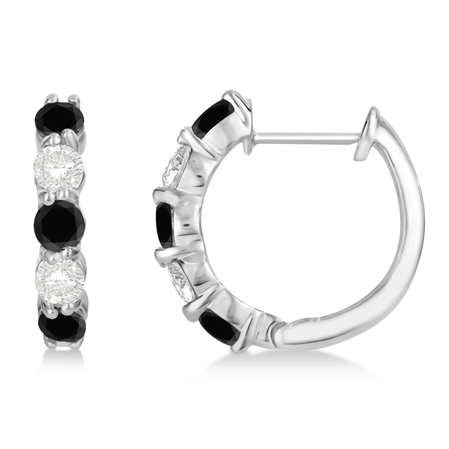 Black & White Diamond Hoop Earrings in 14K White Gold Prong Set Genuine Diamond Earrings (1.94ct) front and side view