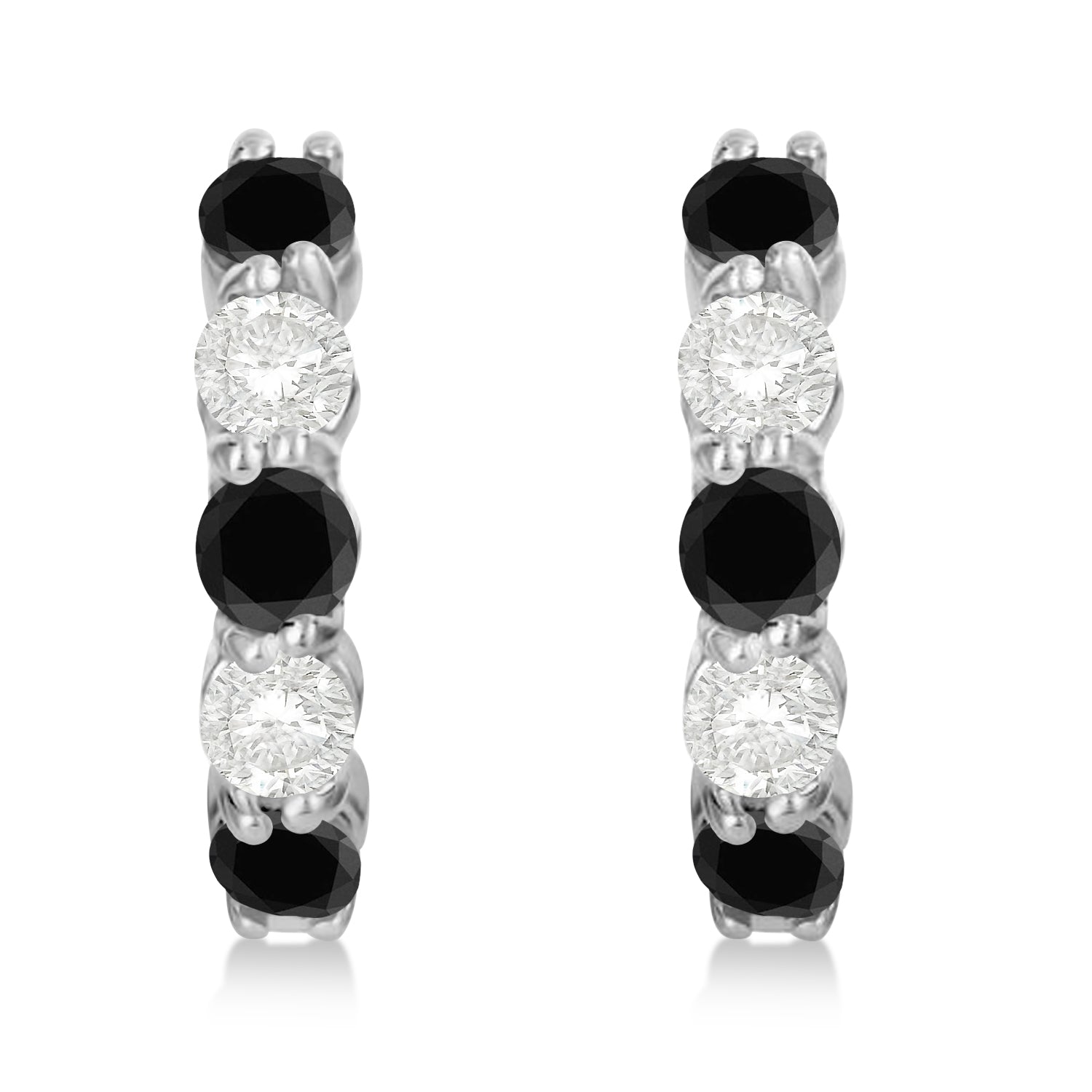 Black & White Diamond Hoop Earrings in 14K White Gold Prong Set Genuine Diamond Earrings (1.94ct) front view