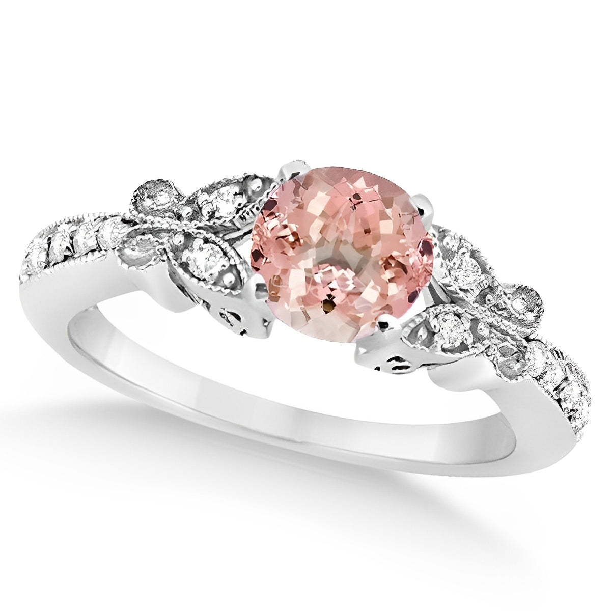Butterfly Diamond & Morganite Ring Bridal Set in 14k White Gold (1.10ct) Top View 2