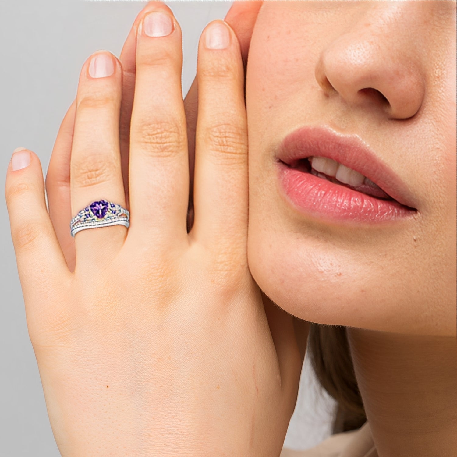 Butterfly Diamond & Heart Amethyst Bridal Set in 14k White Gold on Woman
