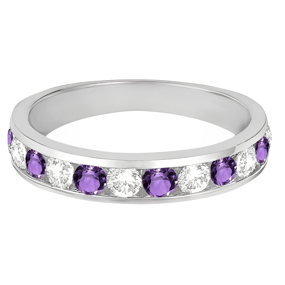 Channel-Set Diamond & Amethyst Ring in 14k White Gold (1.20ct) Flat View