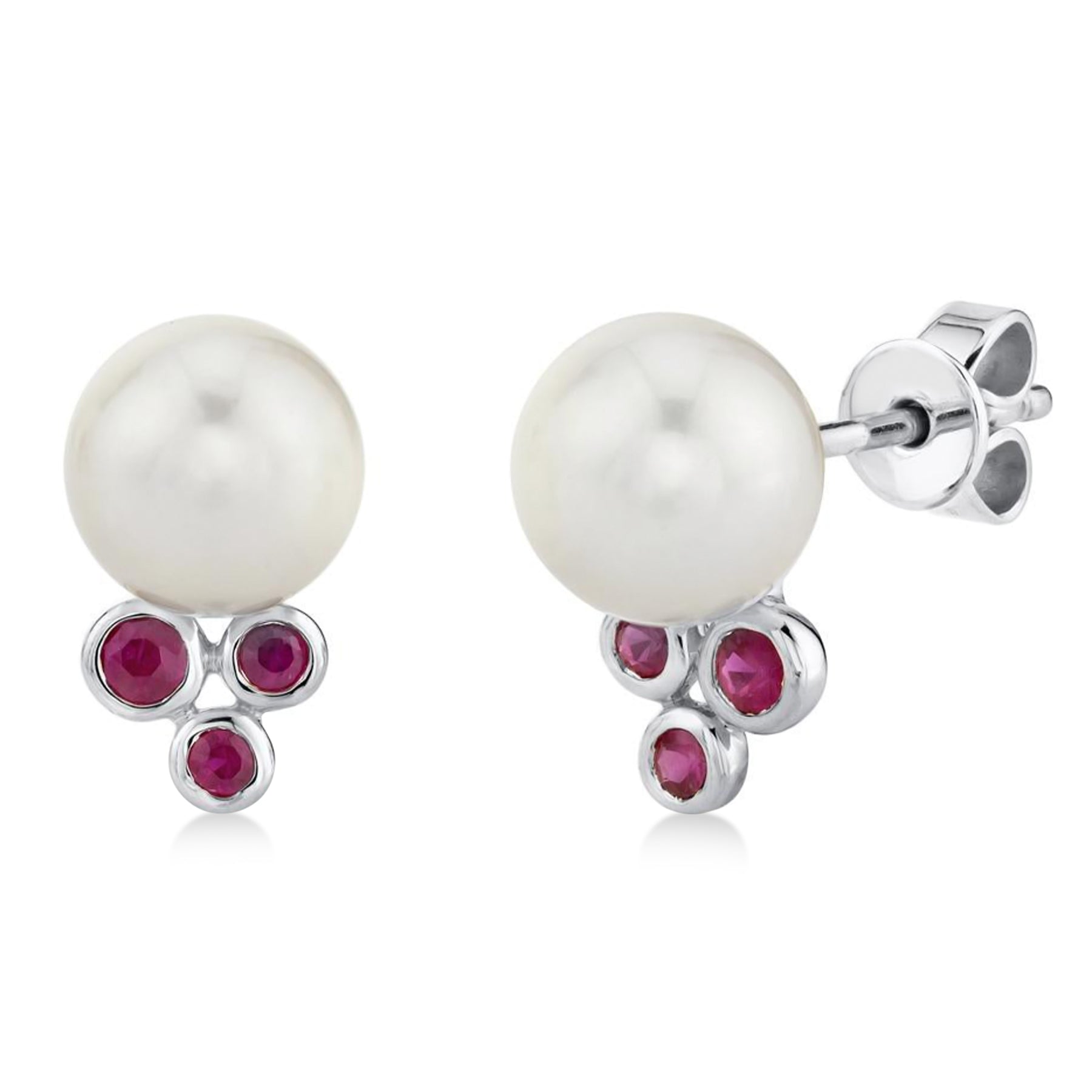 Cultured Pearl & Ruby Stud Earrings in 14K White Gold (0.18ct) Front View