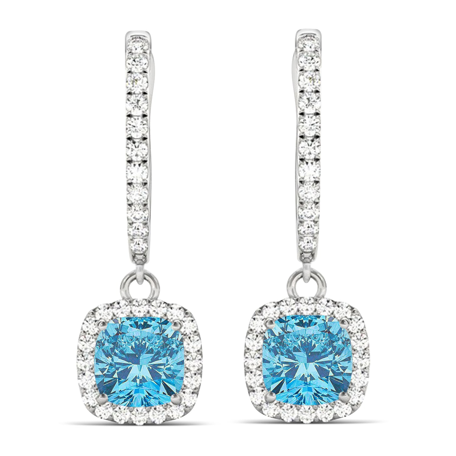 Diamond Halo & Cushion Cut Blue Topaz Earrings front view