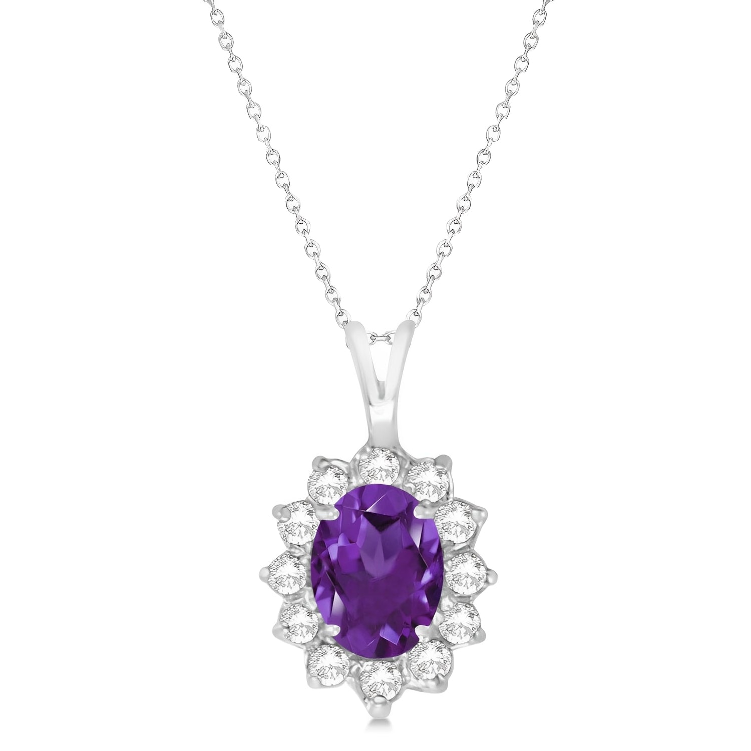 Diamond Accented Amethyst Necklace in 14k White Gold (1.70ctw) Front View 2