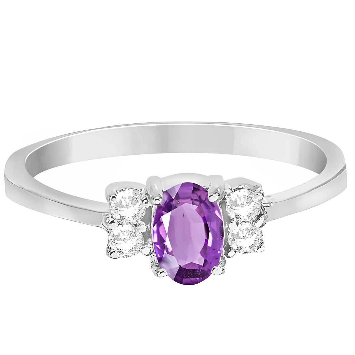 Diamond Accented Oval Amethyst Ring in 14k White Gold (0.72ct) Flat View