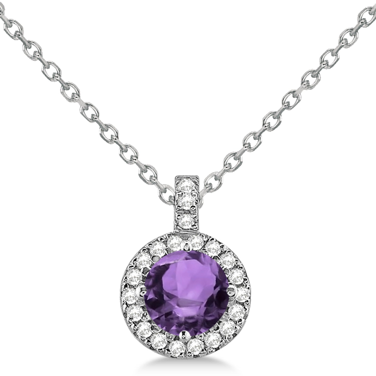 Diamond Halo & Amethyst Necklace in 14k White Gold (1.83ct) Front View