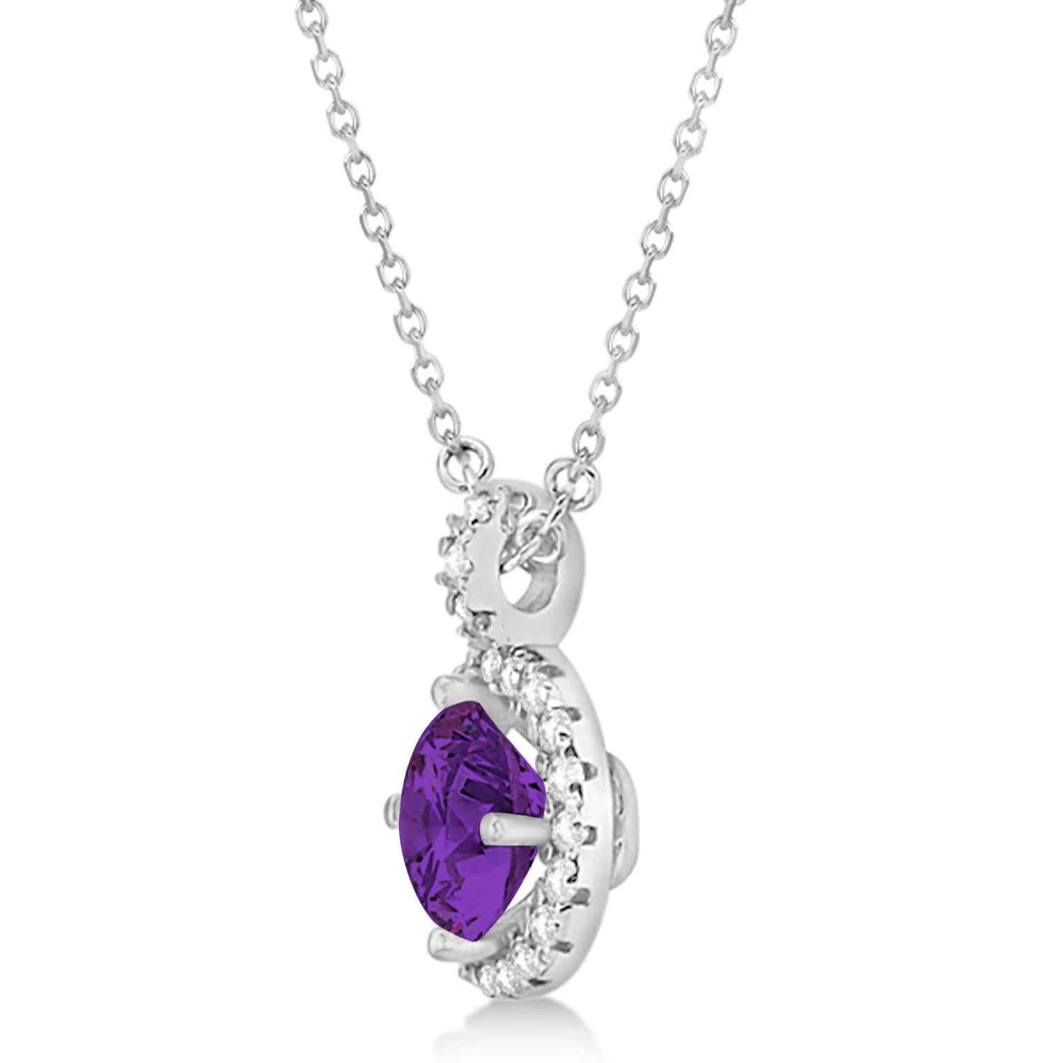 Diamond Halo & Amethyst Necklace in 14k White Gold (1.83ct) Side View