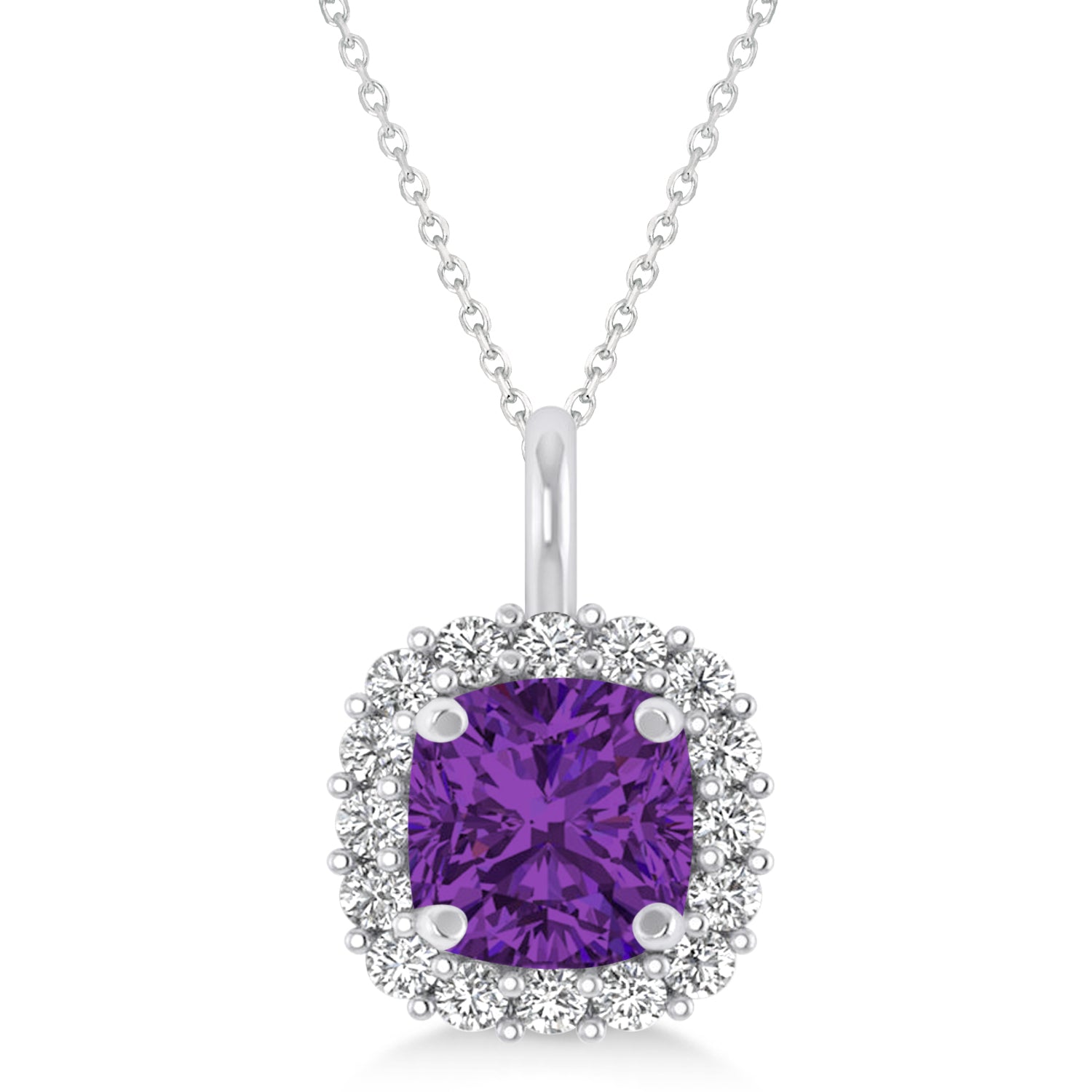 Diamond Halo & Cushion Cut Amethyst Necklace in 14k White Gold (0.92ct) Front View