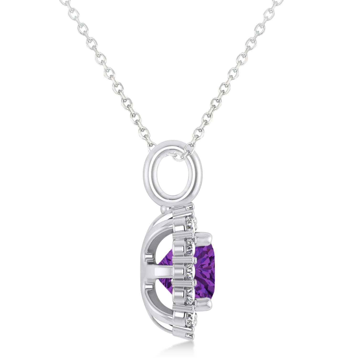 Diamond Halo & Cushion Cut Amethyst Necklace in 14k White Gold (0.92ct) Side View