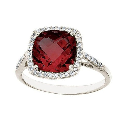 Diamond Halo & Cushion Cut Garnet Ring in 14k White Gold (3.70ct) Top View
